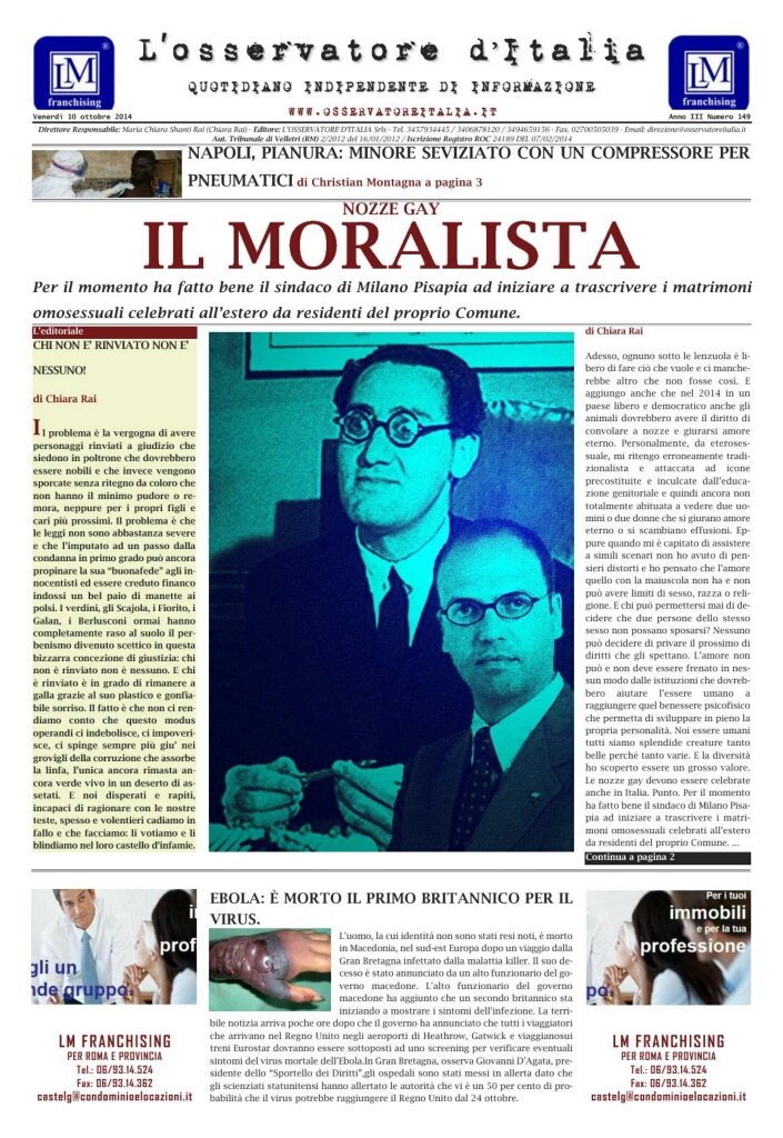 L'osservatore d'Italia edizione del 10 Ottobre 2014